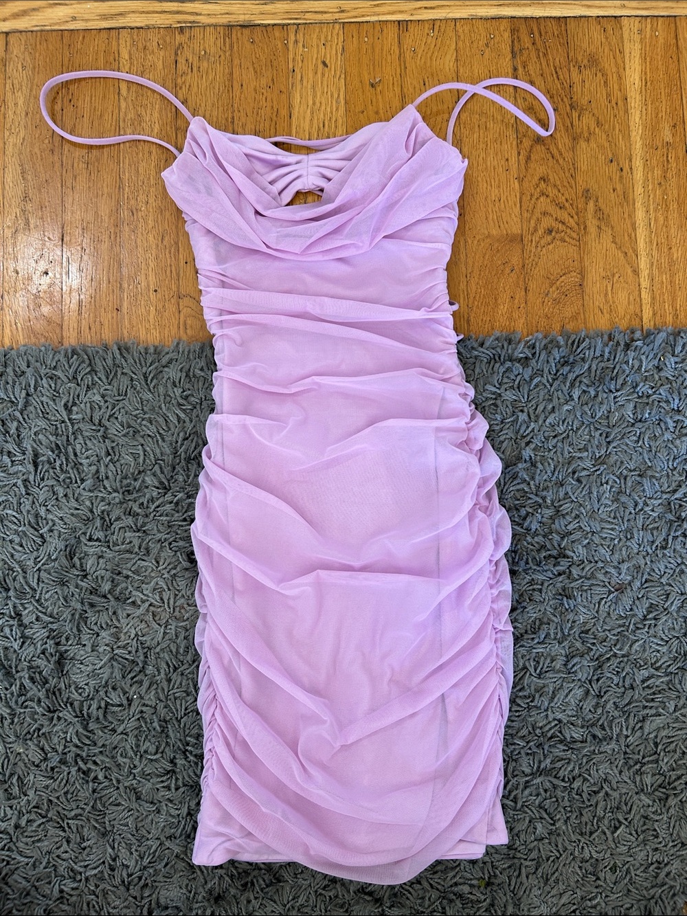 Oh Polly Lilac Ruched Spaghetti-Strap Mini Dress Size 0